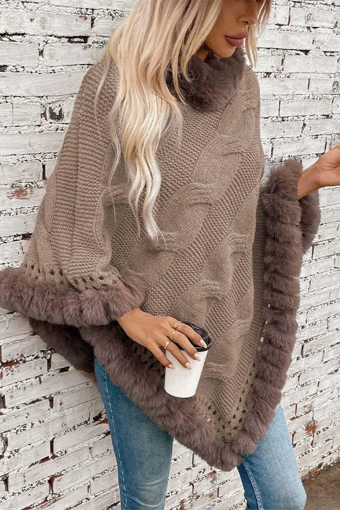 Faux Fur Collar Chunky Cable Knit Sweater Cape MMY225