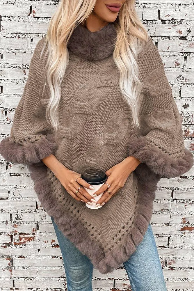 Faux Fur Collar Chunky Cable Knit Sweater Cape MMY225