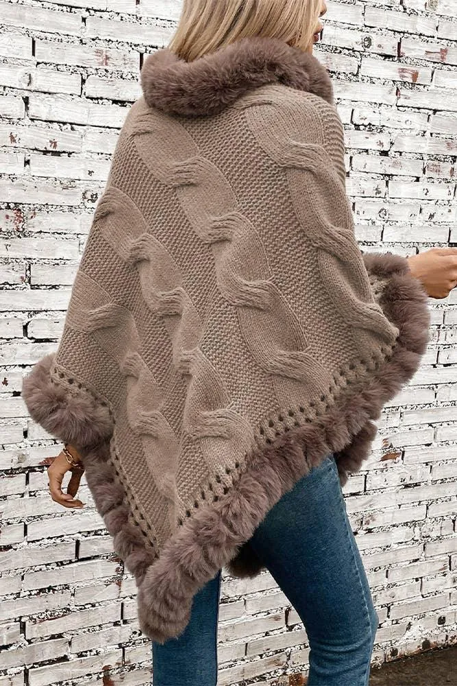 Faux Fur Collar Chunky Cable Knit Sweater Cape MMY225