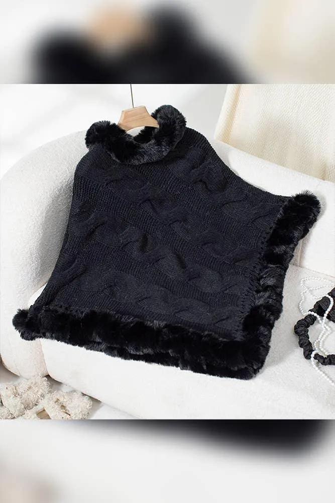 Faux Fur Collar Chunky Cable Knit Sweater Cape MMY225