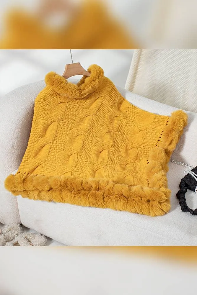 Faux Fur Collar Chunky Cable Knit Sweater Cape MMY225