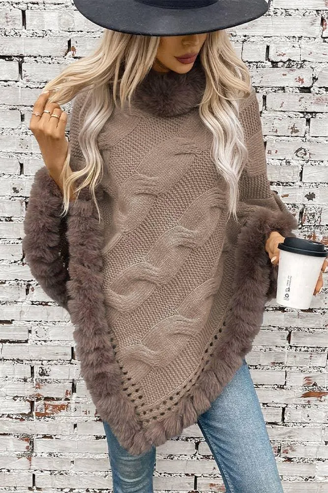 Faux Fur Collar Chunky Cable Knit Sweater Cape MMY225