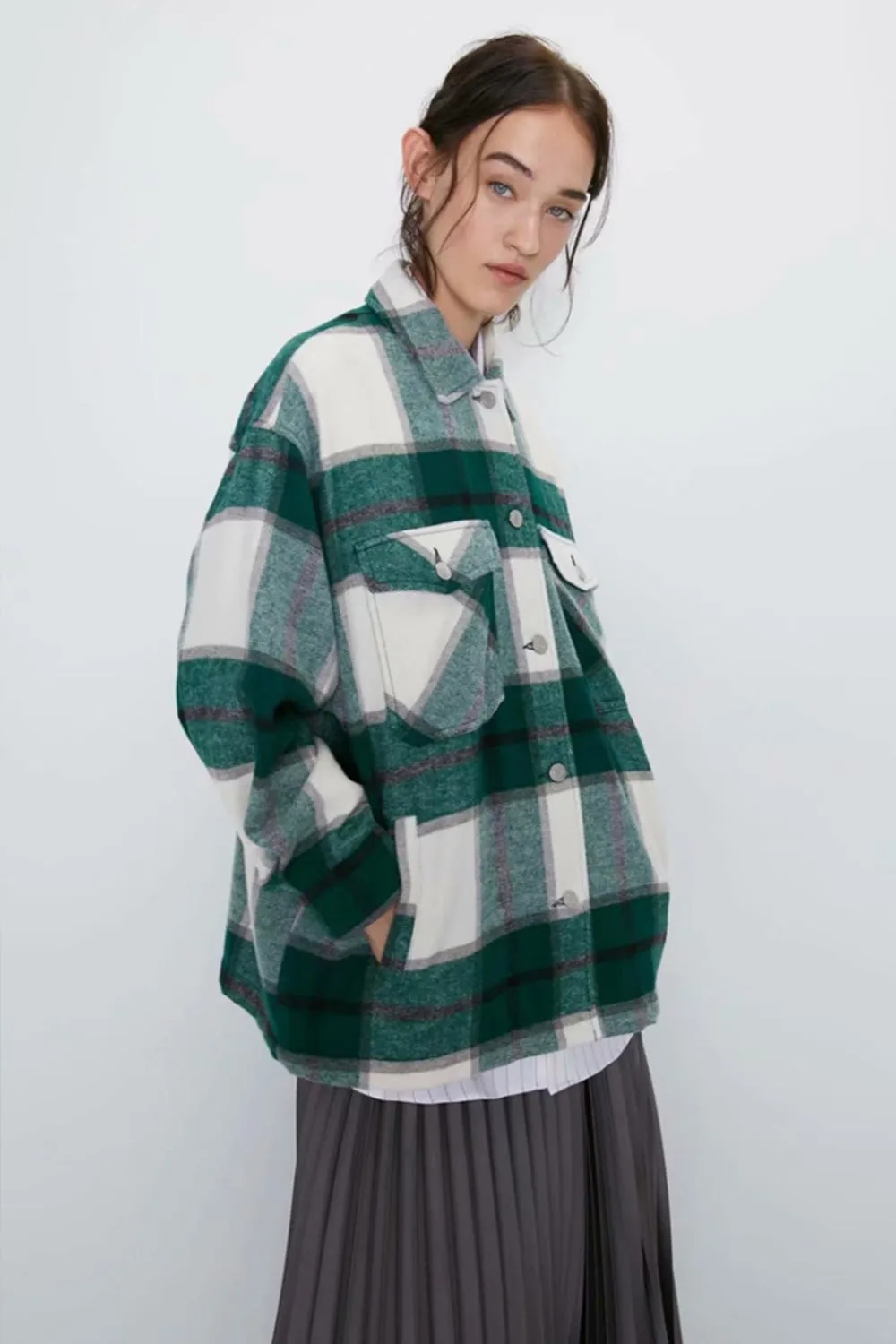 Flannel Loose Tweed Plaid Shirt Coat