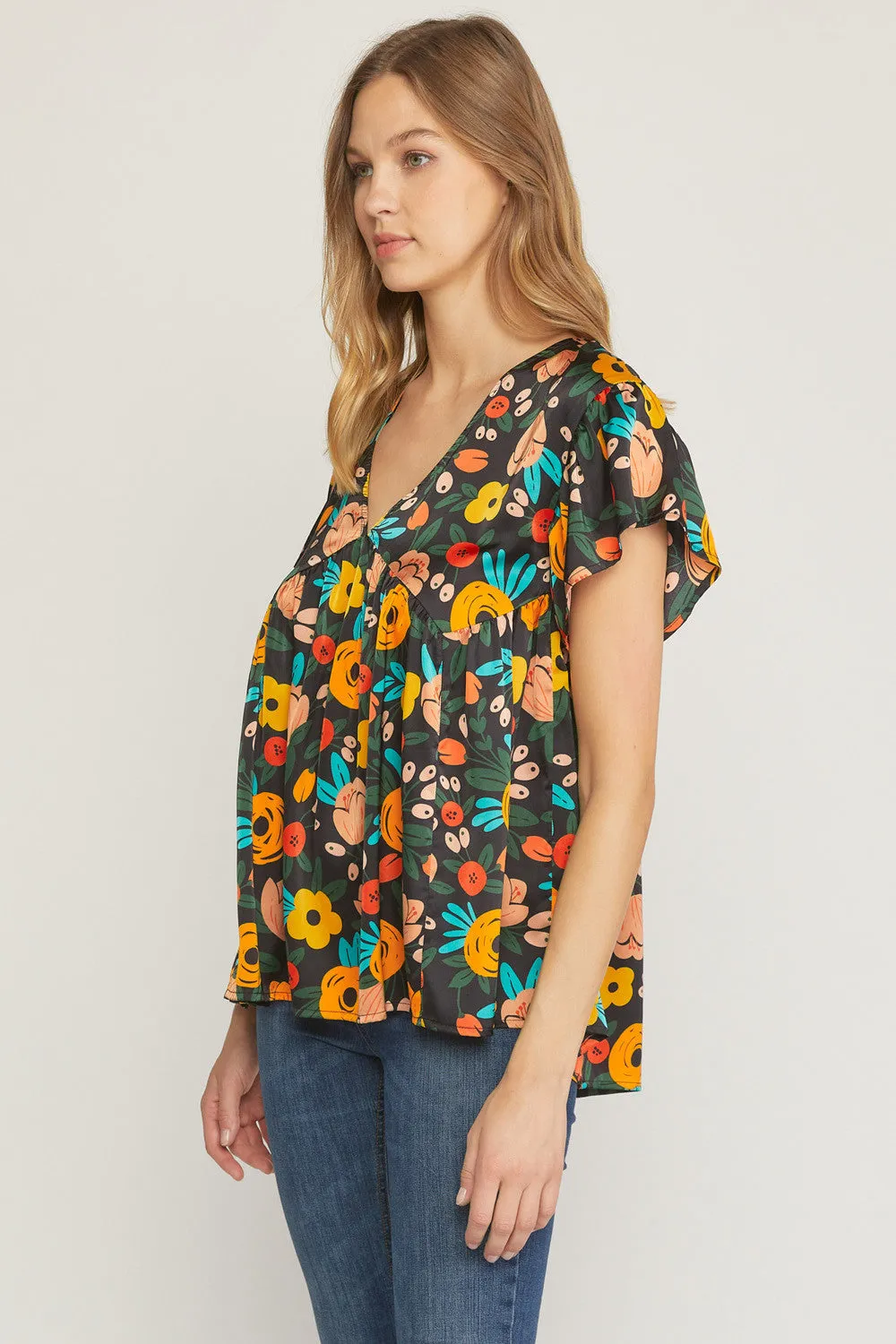 Floral Babydoll Flutter Sleeve Top, Black