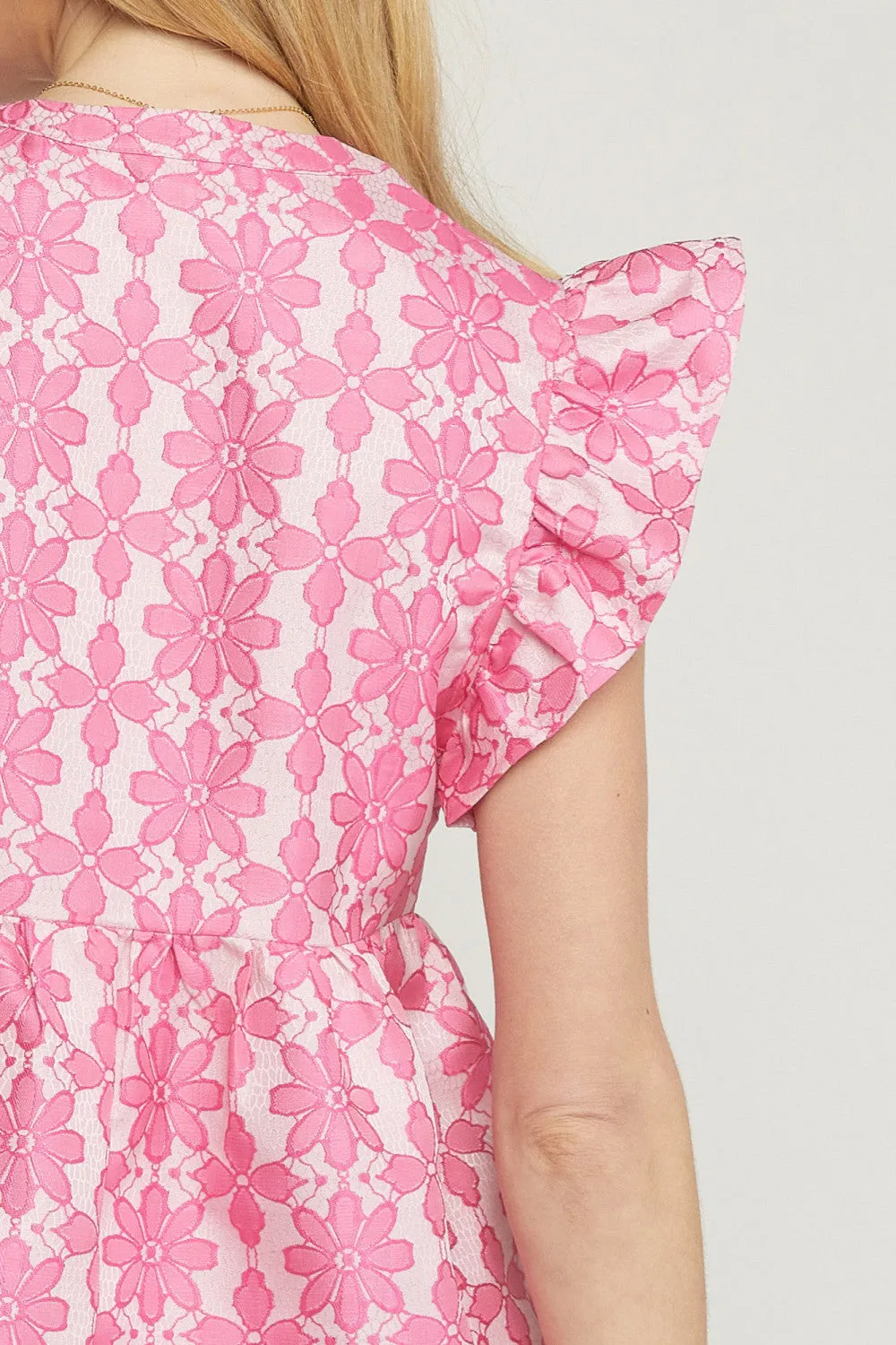 Floral Jacquard Ruffle Top, Pink