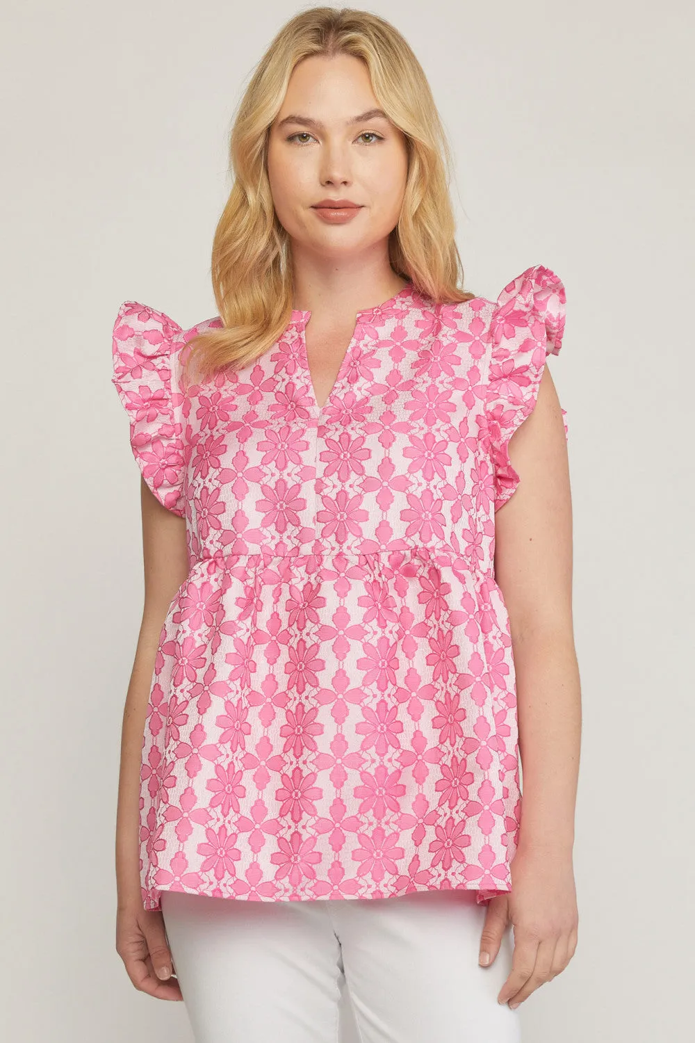 Floral Jacquard Ruffle Top, Pink