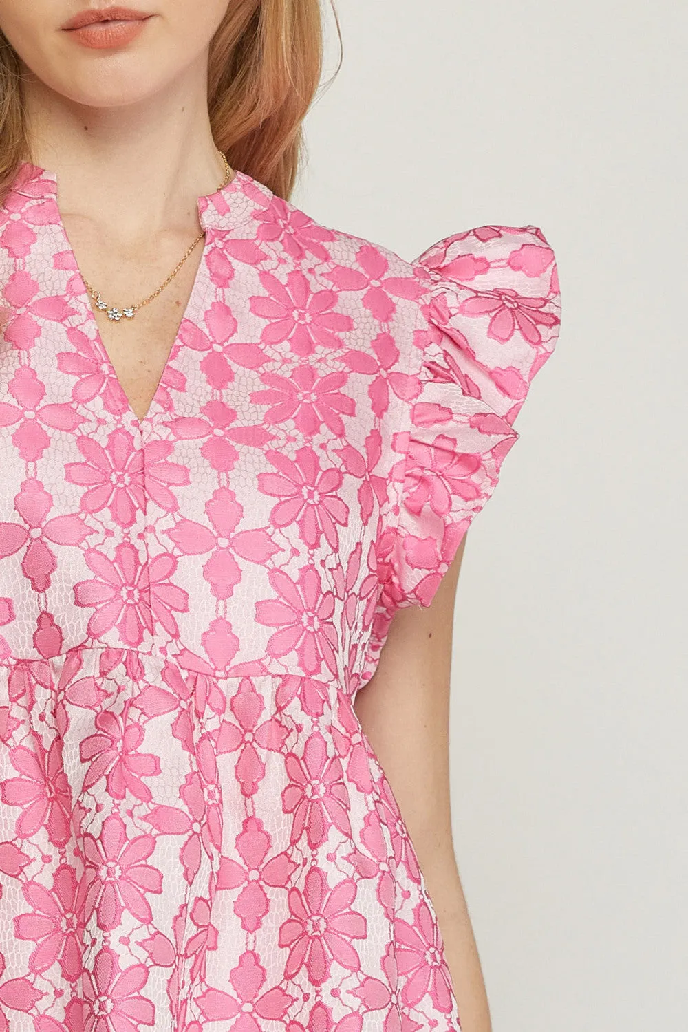 Floral Jacquard Ruffle Top, Pink