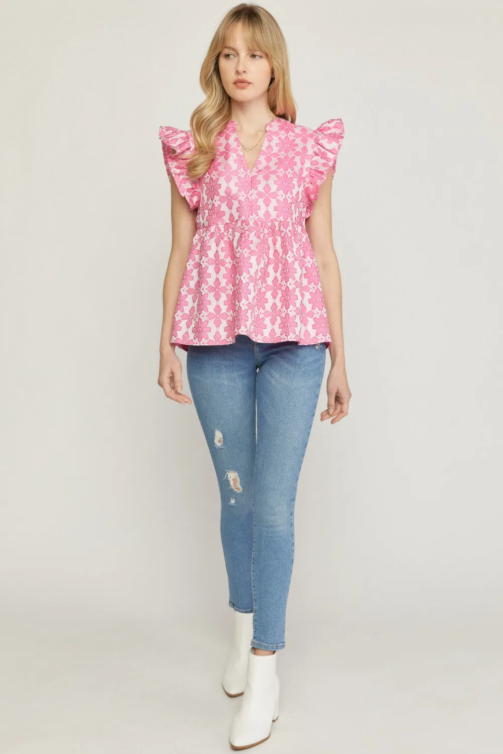 Floral Jacquard Ruffle Top, Pink