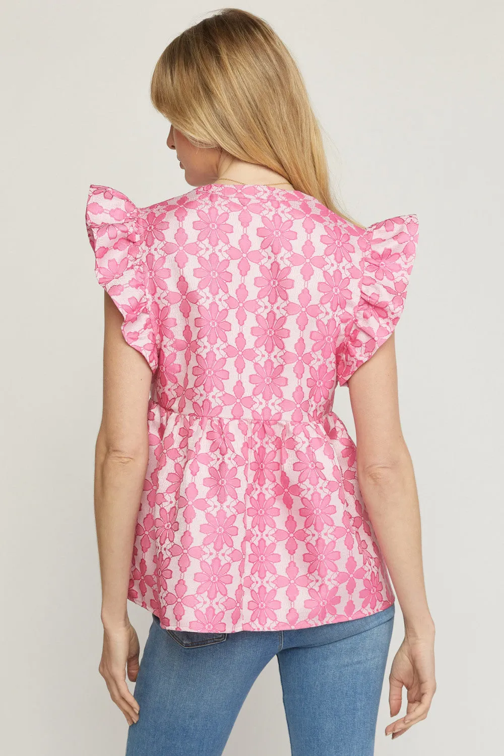 Floral Jacquard Ruffle Top, Pink