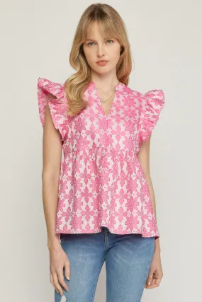 Floral Jacquard Ruffle Top, Pink