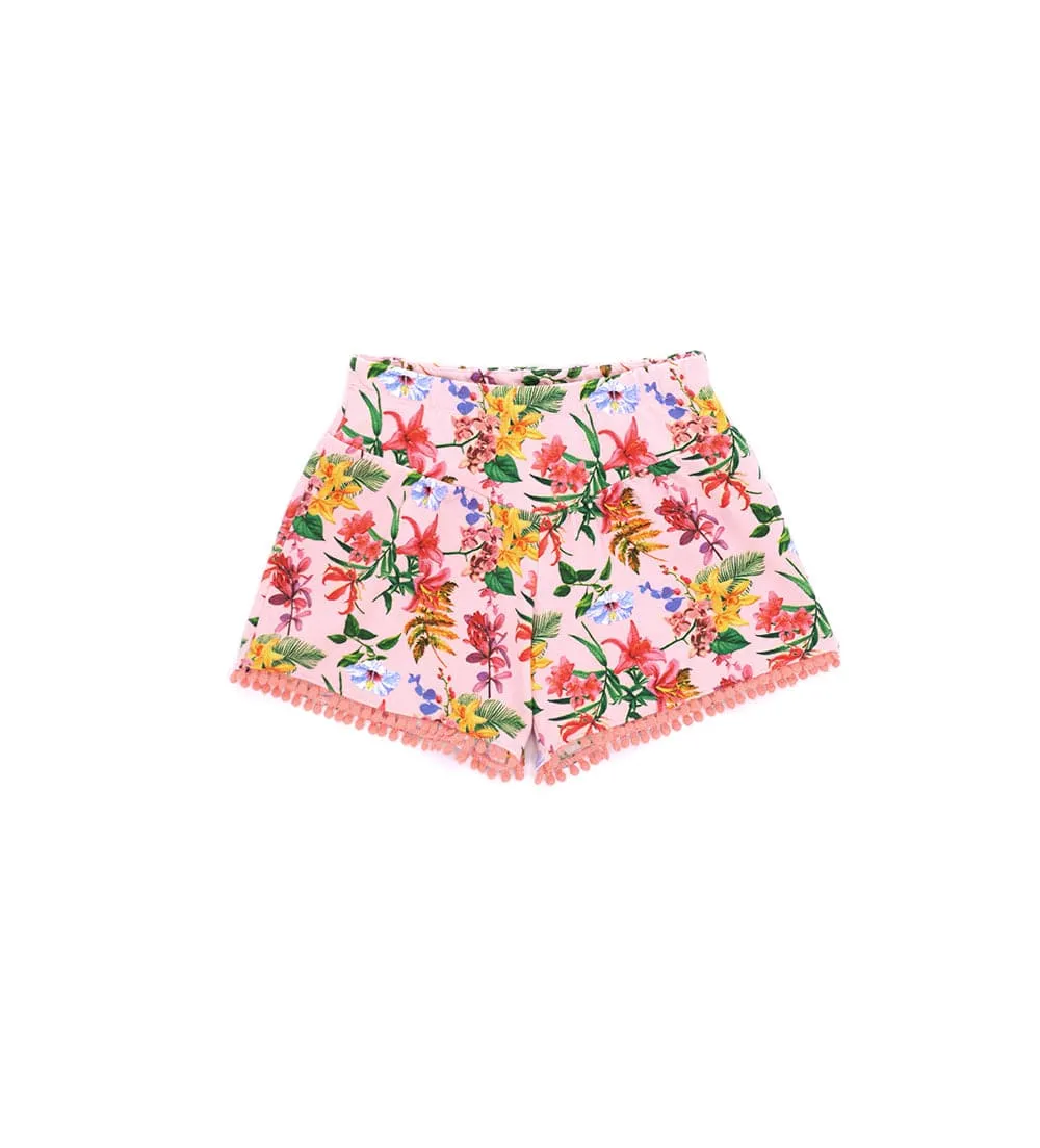 FLOWER PRINT ELASTIC WAIST FLARED SHORTS WITH COTTON TRIMS