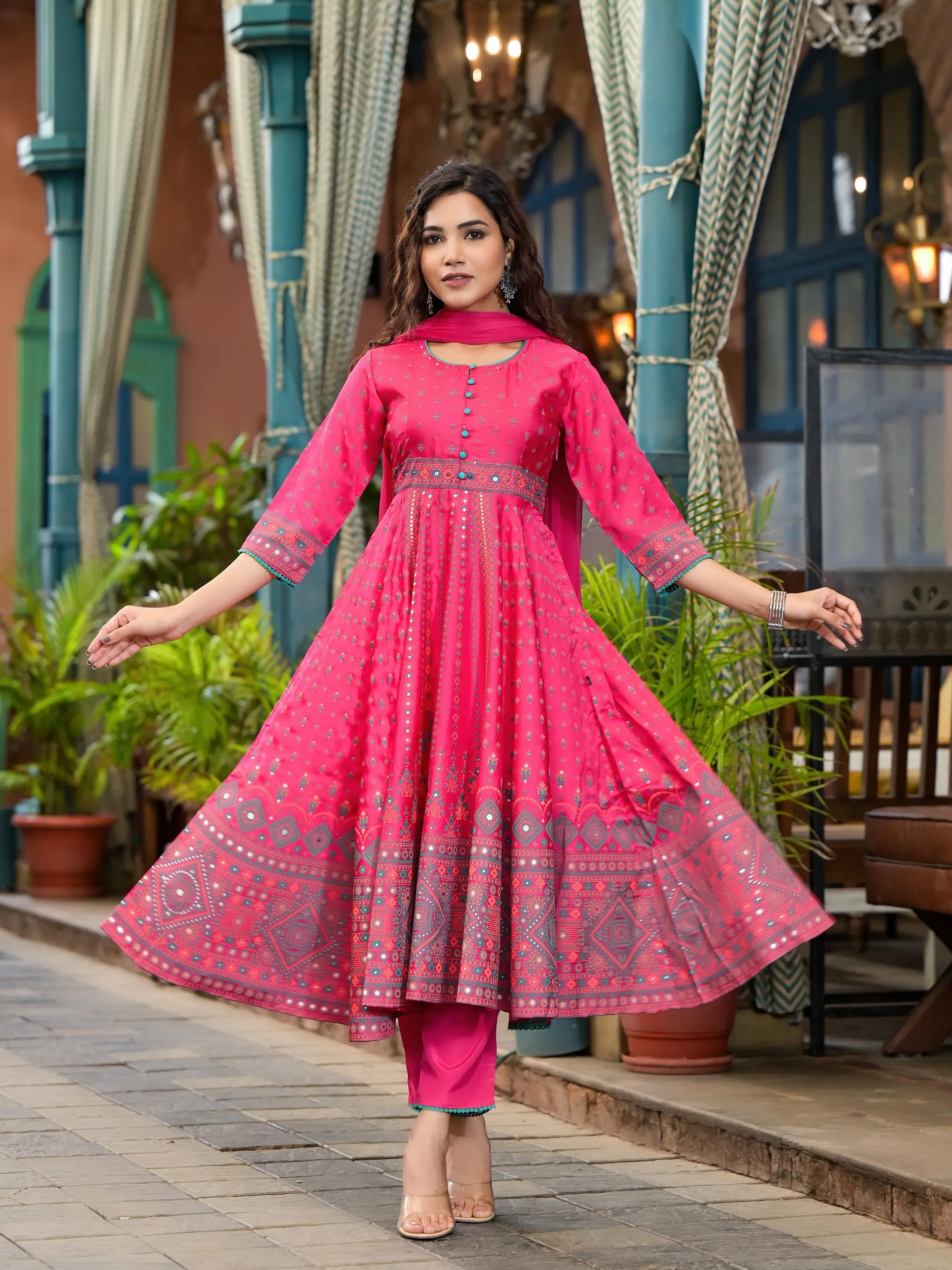 Fuchsia Ethnic Motif Printed Satin Flared Kurta Set With Mirror Work & Lace