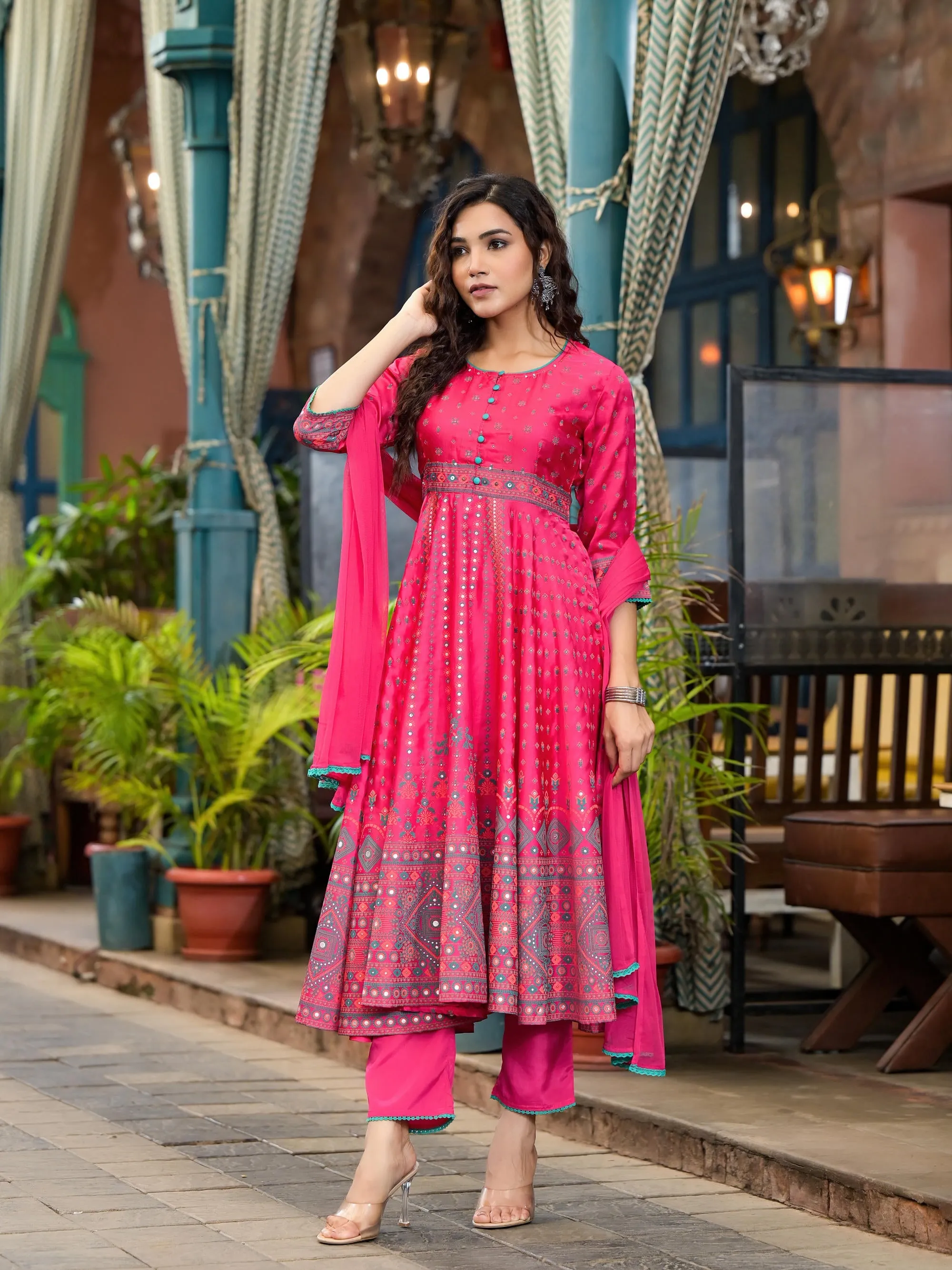 Fuchsia Ethnic Motif Printed Satin Flared Kurta Set With Mirror Work & Lace