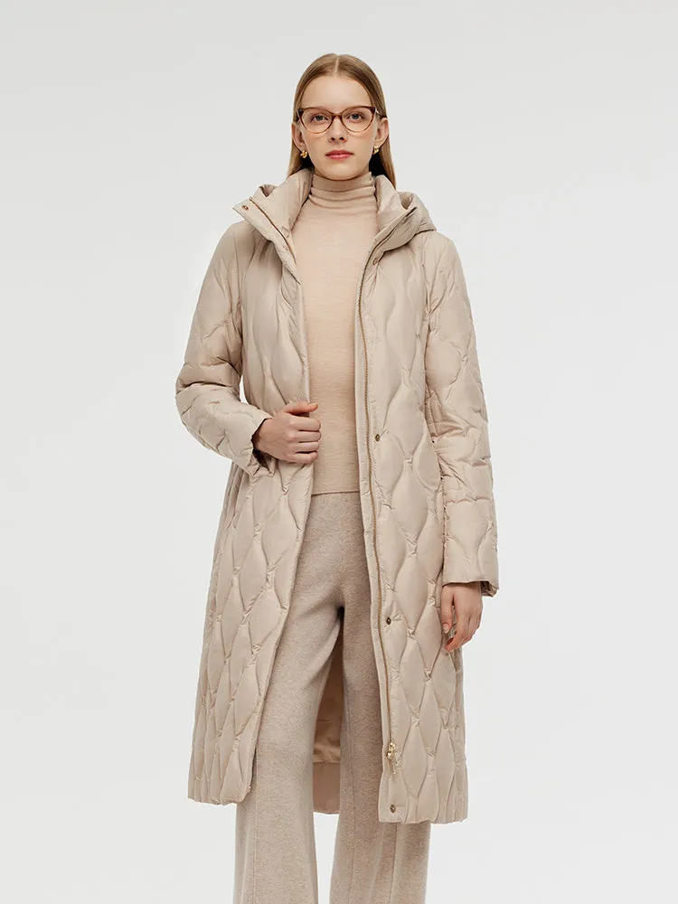 Gathered Waist Long Goose Down Coat With Belt