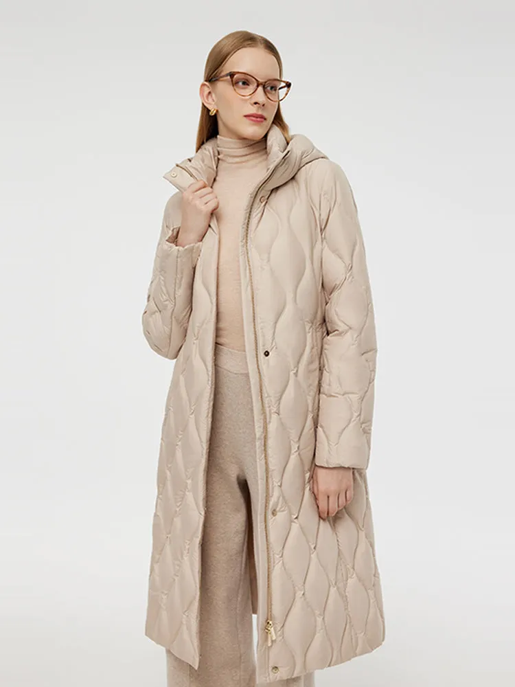 Gathered Waist Long Goose Down Coat With Belt