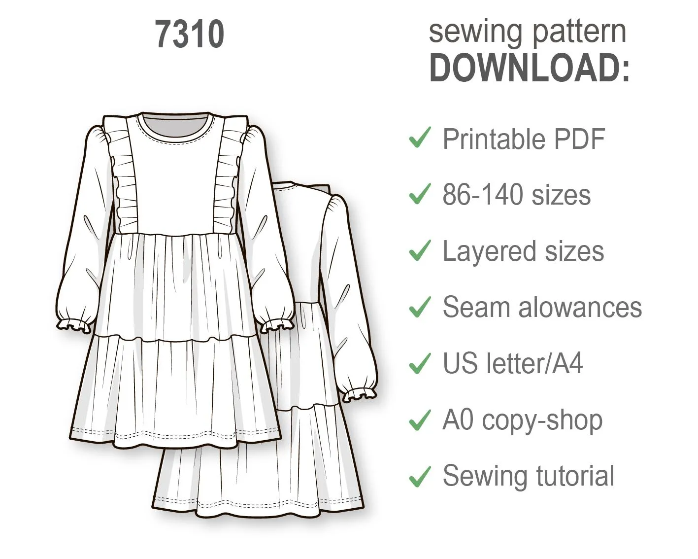 Girls Tiered Dress Sewing Pattern, PDF DIY Knee Length Dress with Frills, Ruffle Hem Pullover for Special Occasions