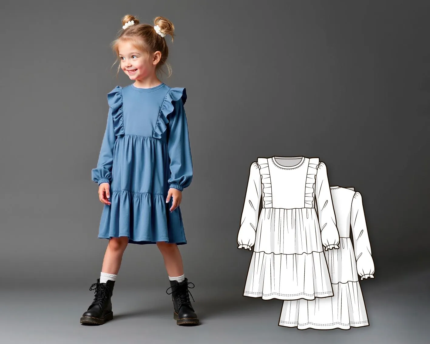 Girls Tiered Dress Sewing Pattern, PDF DIY Knee Length Dress with Frills, Ruffle Hem Pullover for Special Occasions