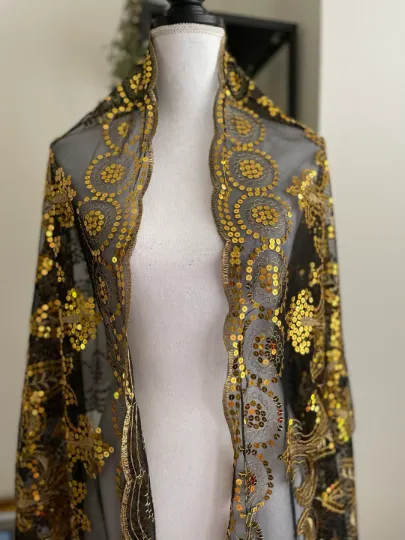 Gold and black scarf Sequin Fleur 'de Lis Fringe Oblong Scarf