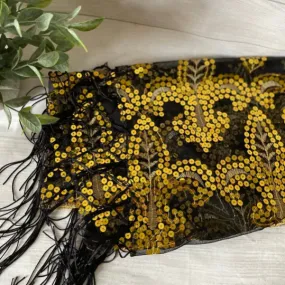 Gold and black scarf Sequin Fleur 'de Lis Fringe Oblong Scarf