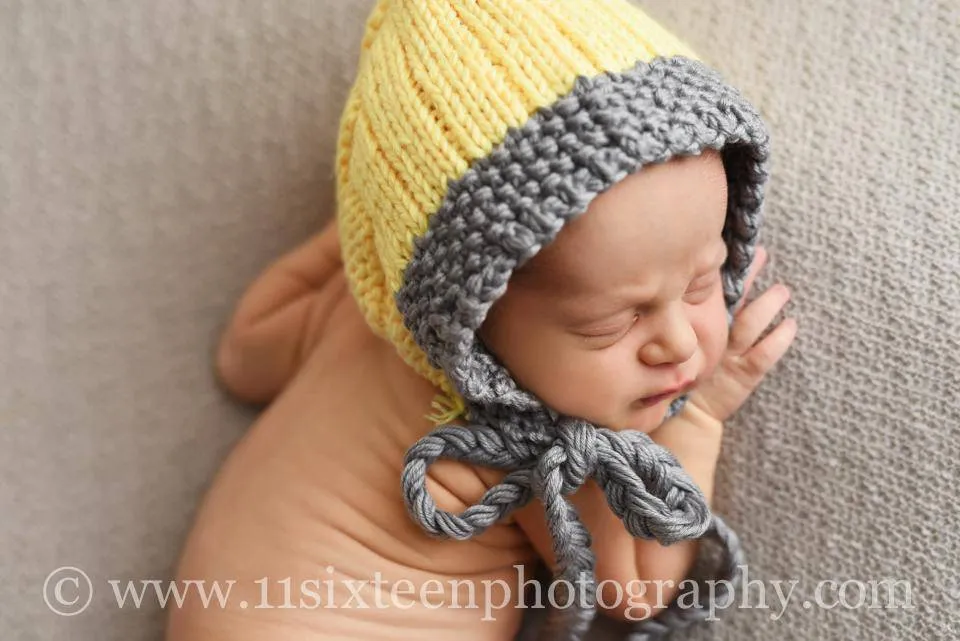 Gray and Yellow Newborn Knit Bonnet Hat