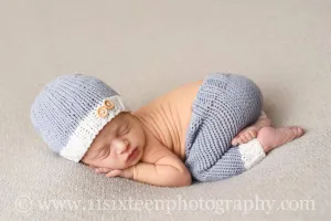 Gray Denim and White Knit Newborn Button Hat and Pants Set