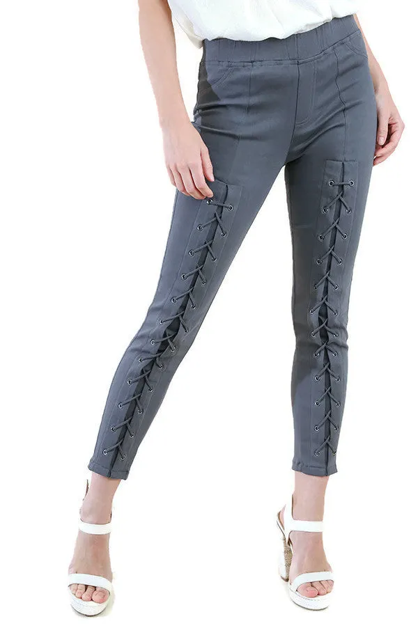 High Waist Leggings with Lace Up Details, Charcoal