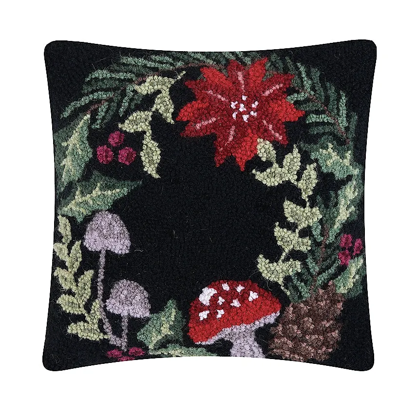 Holiday Mushrooms Wreath Hooked Pillow