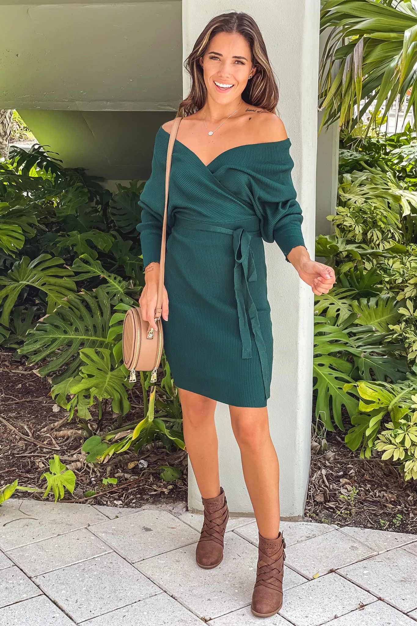 Hunter Green Sweater Dress With Dolman Sleeves