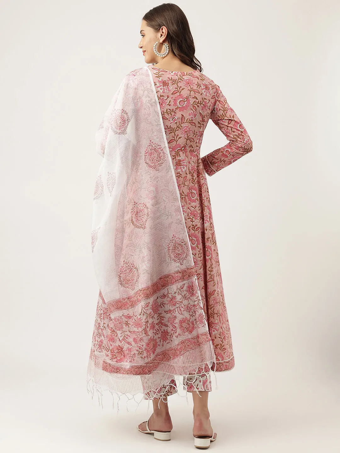 Jashvi Pink Floral HandBlock Printed Cotton Anarkali Kurta, trouser with Dupatta Set