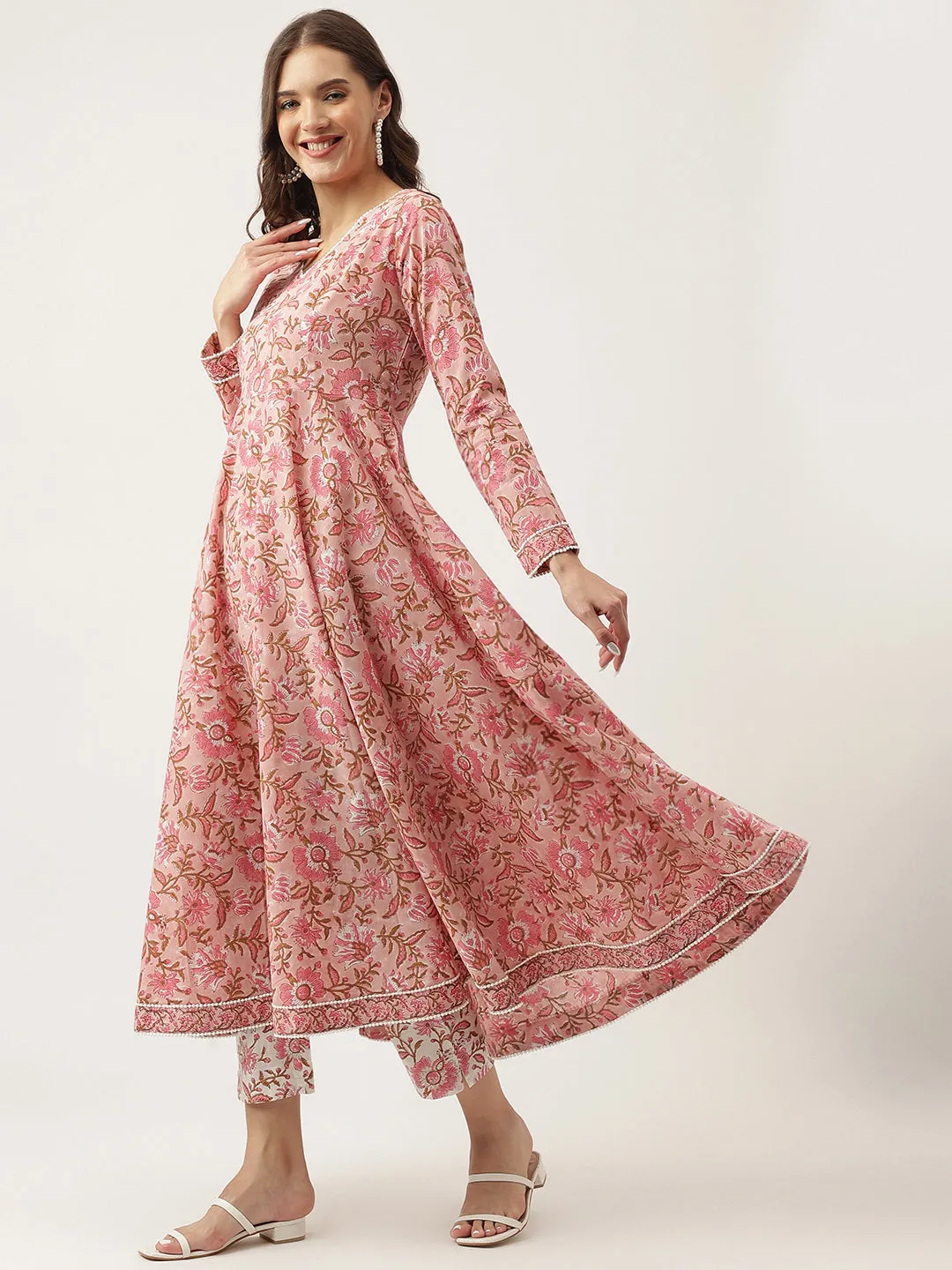 Jashvi Pink Floral HandBlock Printed Cotton Anarkali Kurta, trouser with Dupatta Set