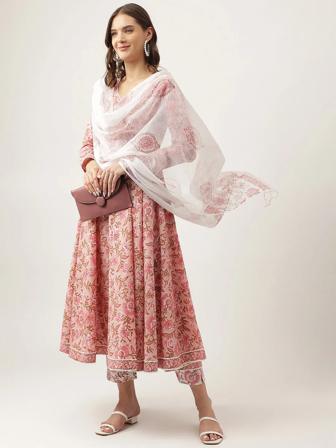 Jashvi Pink Floral HandBlock Printed Cotton Anarkali Kurta, trouser with Dupatta Set