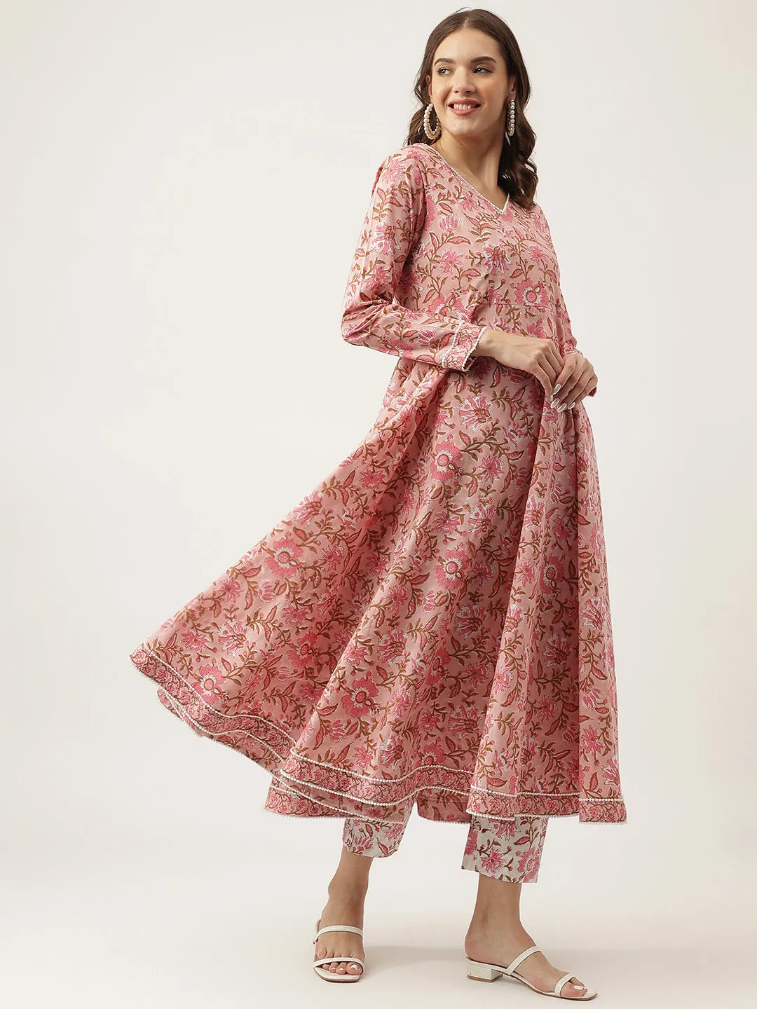 Jashvi Pink Floral HandBlock Printed Cotton Anarkali Kurta, trouser with Dupatta Set