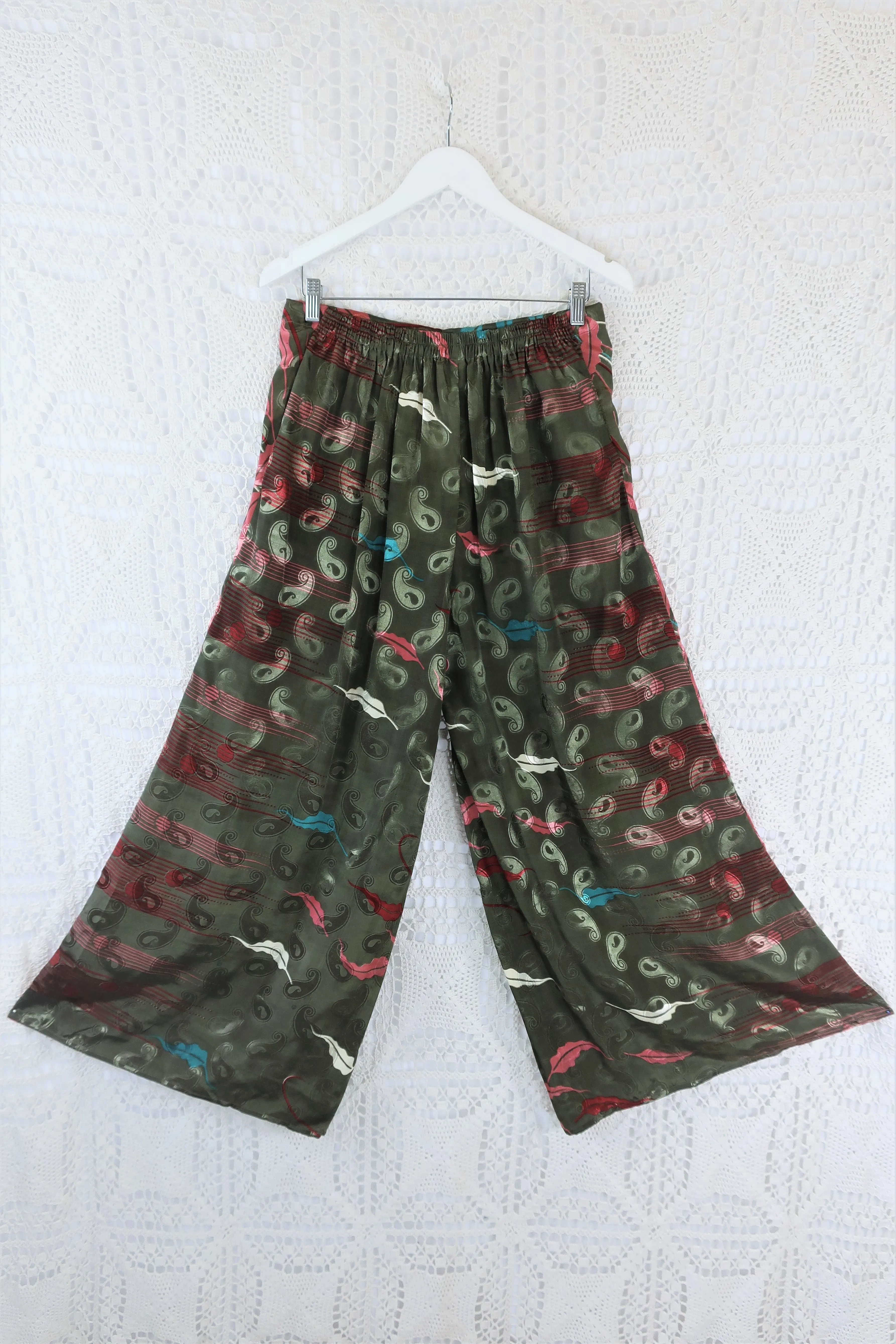 Joni High Waisted Flares - Vintage Indian Sari - Sage & Bright Floral Shimmer - M/L