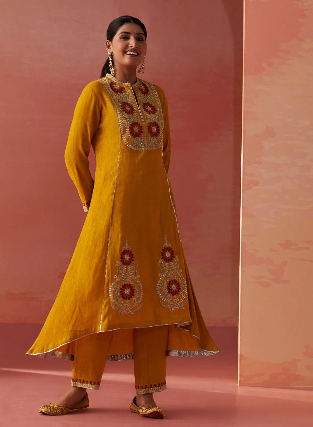 Karima Mustard Embroidered Viscose Kurta Set for Women