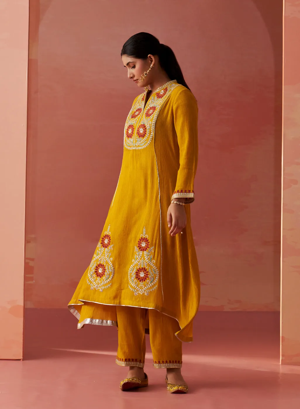 Karima Mustard Embroidered Viscose Kurta Set for Women