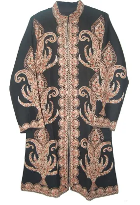 Kashmiri Woolen Coat Black, Brown Embroidery #AO-1141