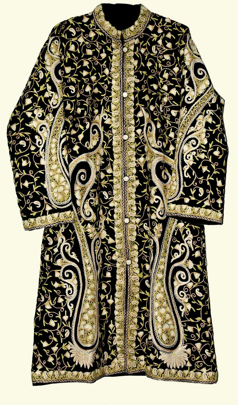 Kashmiri Woolen Coat Black, Cream and White Embroidery #AO-162