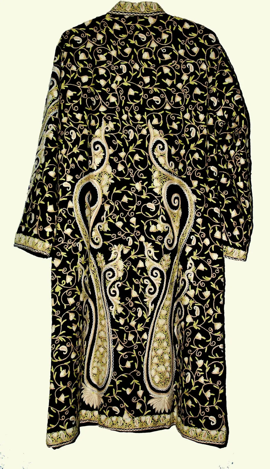 Kashmiri Woolen Coat Black, Cream and White Embroidery #AO-162