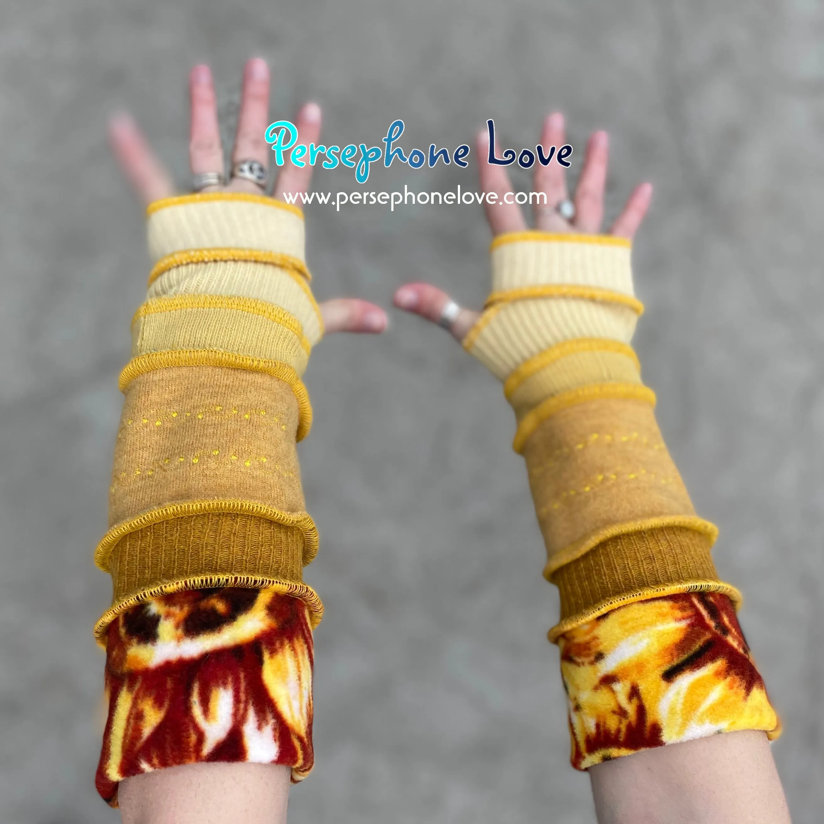 Katwise inspired needle-felted golden sunflower embroidered upcycled sweater arm warmers-1369