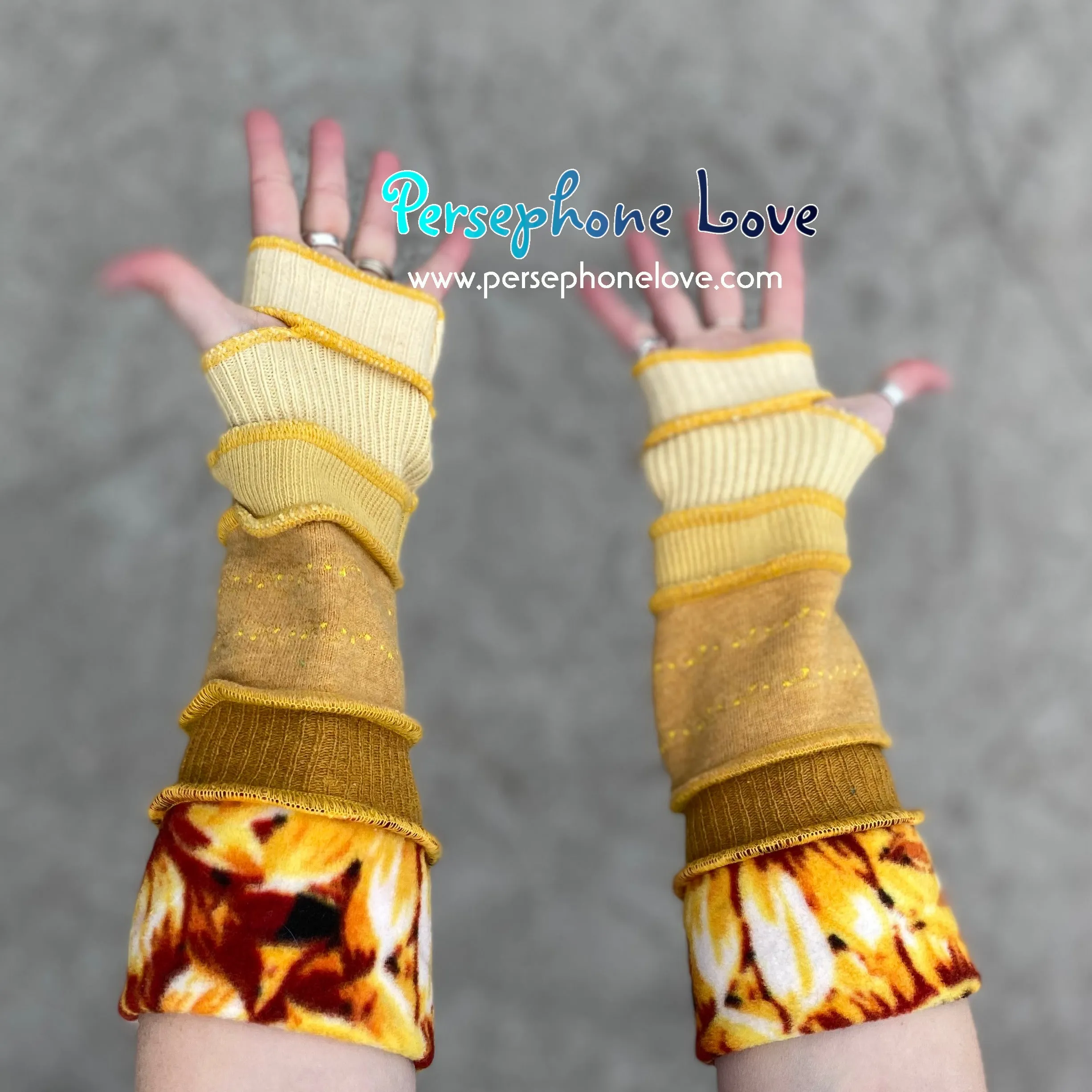 Katwise inspired needle-felted golden sunflower embroidered upcycled sweater arm warmers-1369