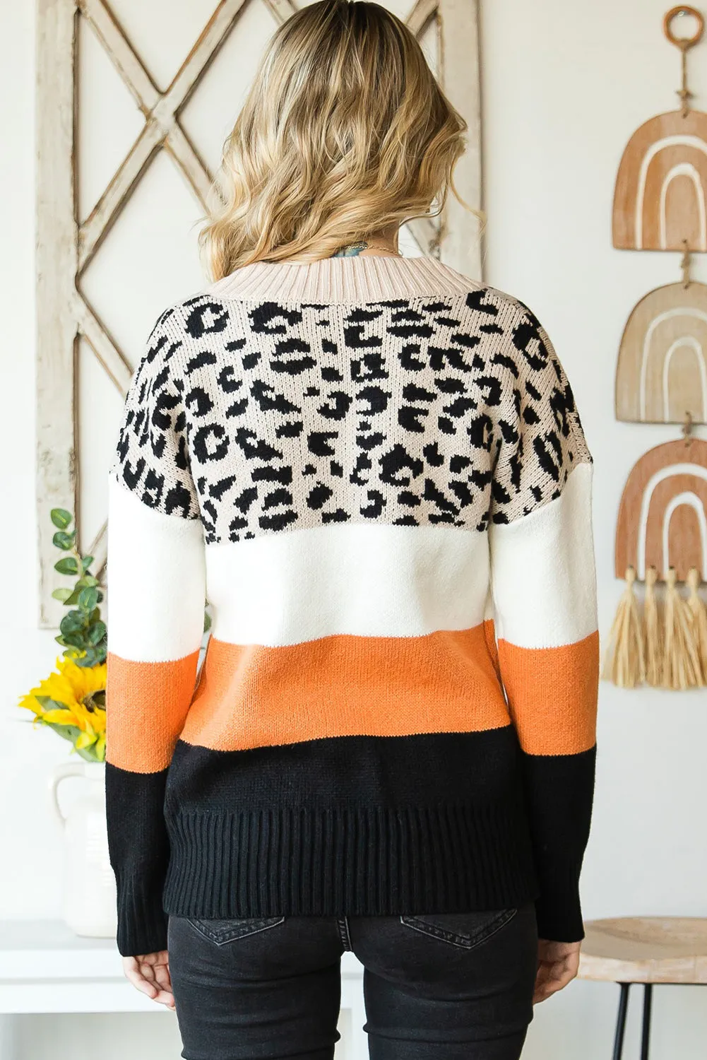 Khaki Leopard Color Block Casual V Neck Sweater