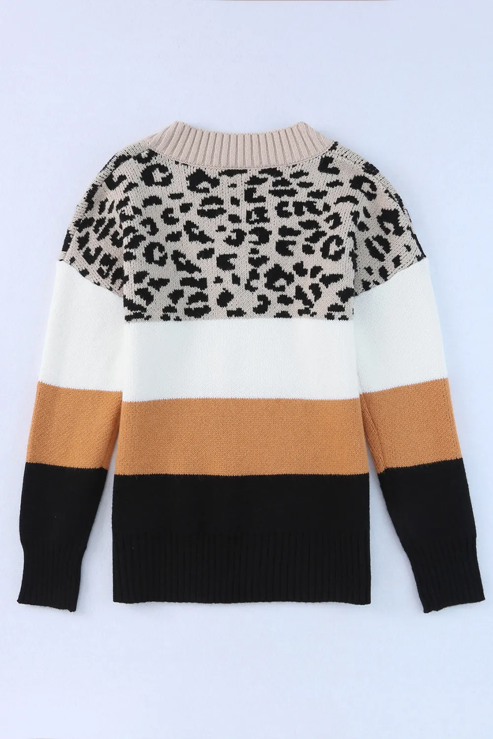 Khaki Leopard Color Block Casual V Neck Sweater