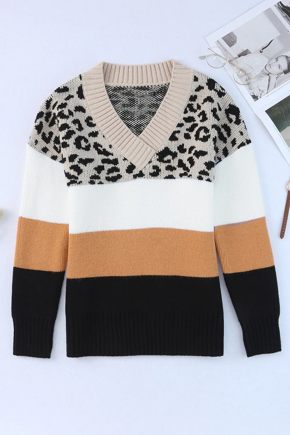 Khaki Leopard Color Block Casual V Neck Sweater