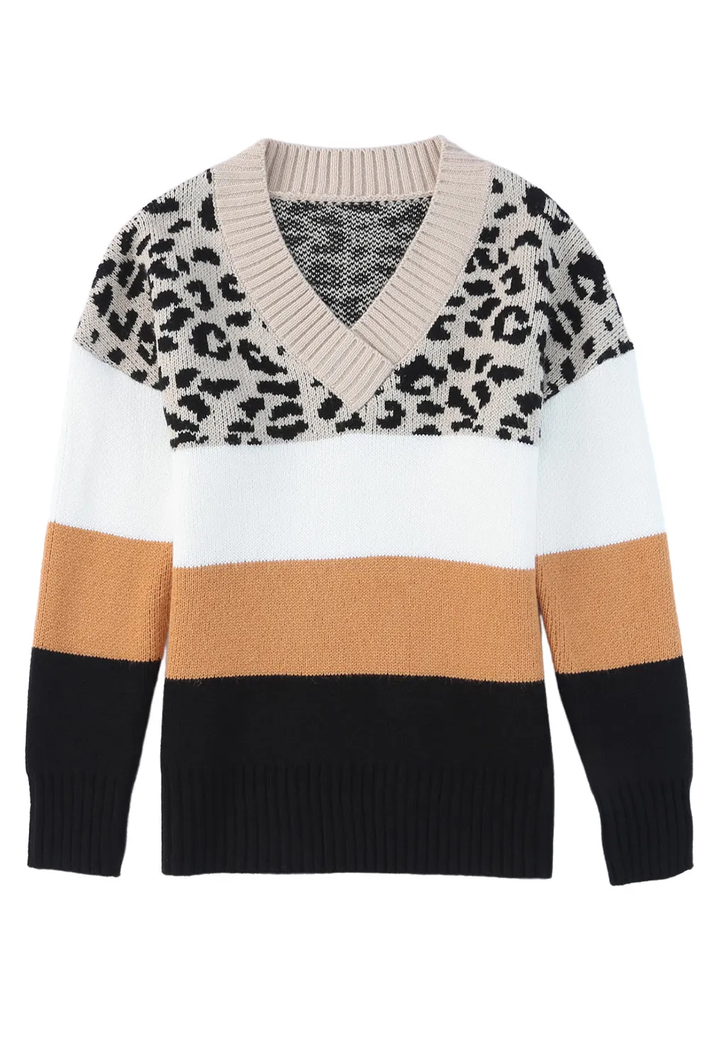 Khaki Leopard Color Block Casual V Neck Sweater