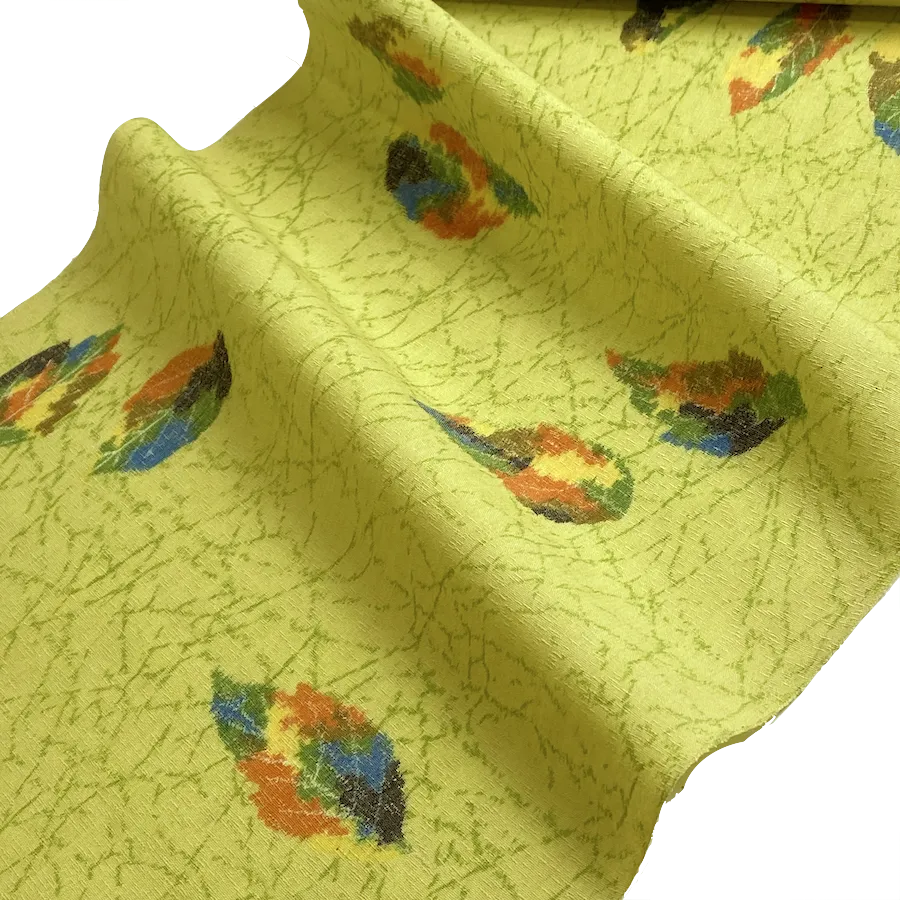 Kiwi Autumn Rainbow Leaves Print, Wool Blend Vintage Kimono Fabric By the Yard #223