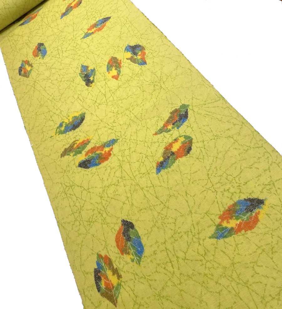 Kiwi Autumn Rainbow Leaves Print, Wool Blend Vintage Kimono Fabric By the Yard #223