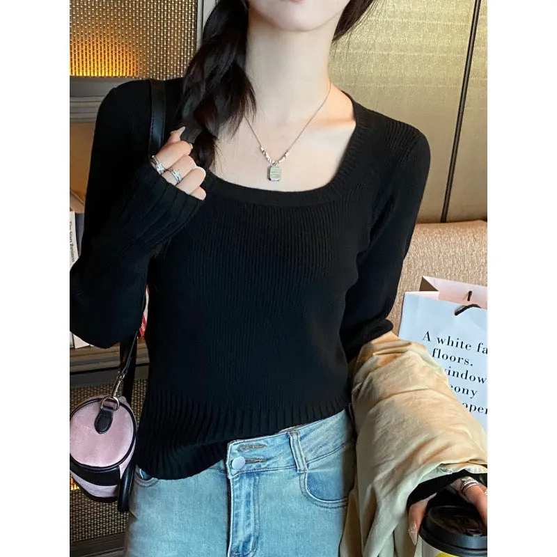 Knitted sweater women's spring and autumn 2024 new autumn and winter top with square neck bottoming shirt short slim-fit sweater winter