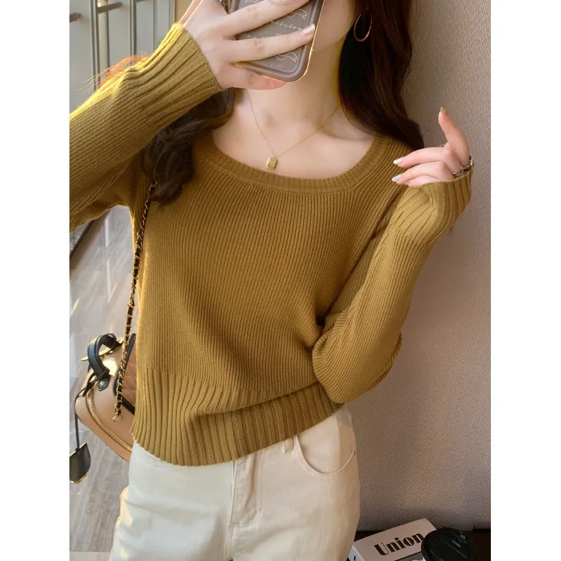 Knitted sweater women's spring and autumn 2024 new autumn and winter top with square neck bottoming shirt short slim-fit sweater winter