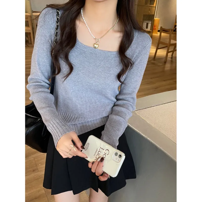 Knitted sweater women's spring and autumn 2024 new autumn and winter top with square neck bottoming shirt short slim-fit sweater winter