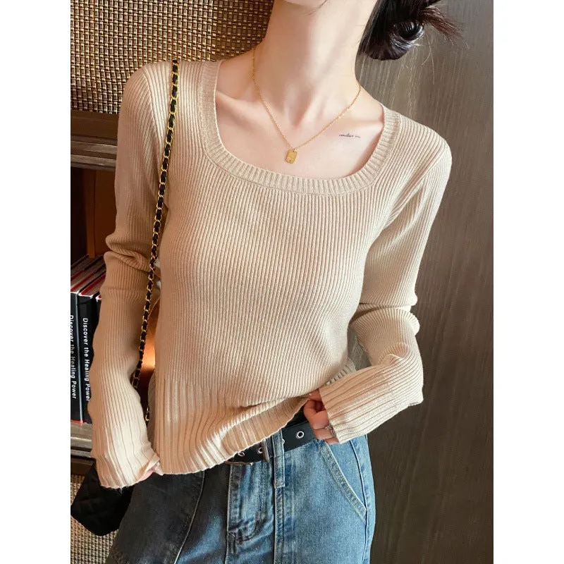 Knitted sweater women's spring and autumn 2024 new autumn and winter top with square neck bottoming shirt short slim-fit sweater winter